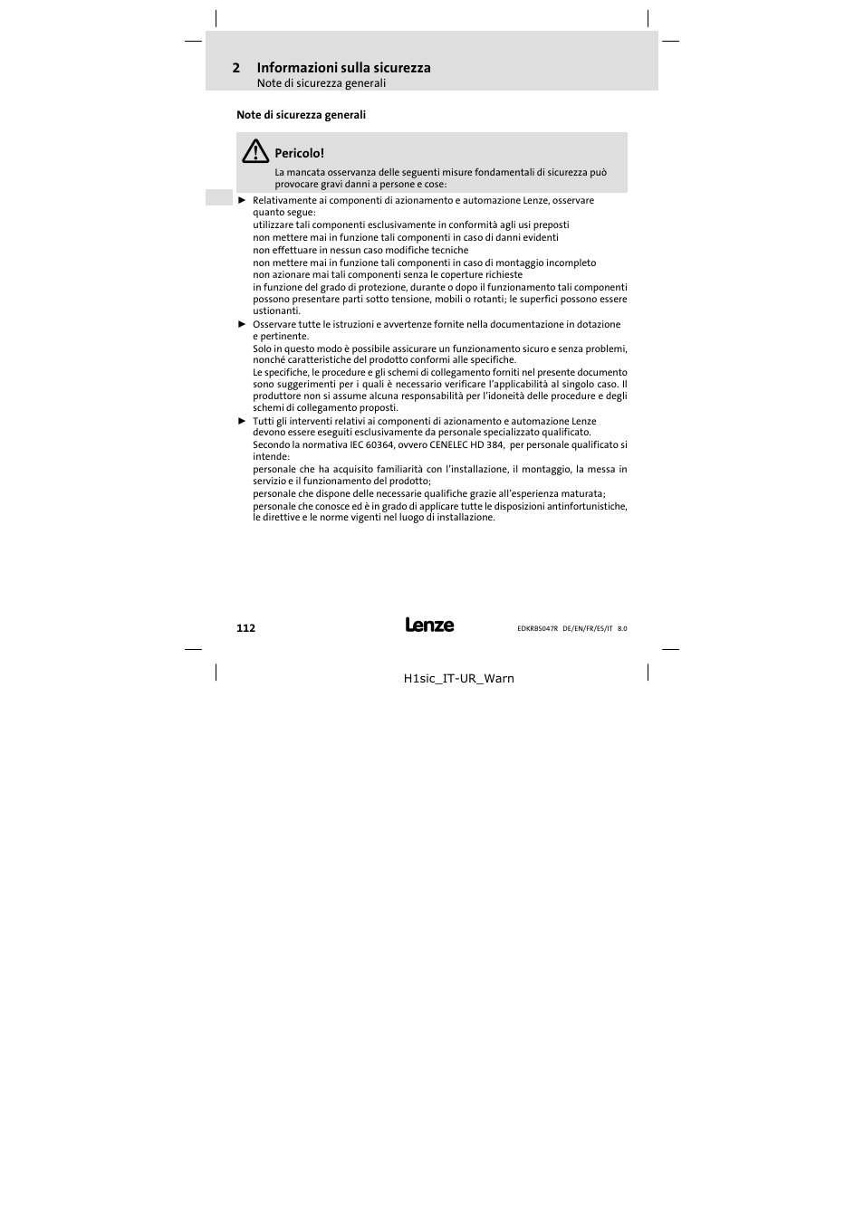 2 informazioni sulla sicurezza, Note di sicurezza generali, Informazioni sulla sicurezza | Lenze ERBSxxxxxxxx User Manual | Page 112 / 132
