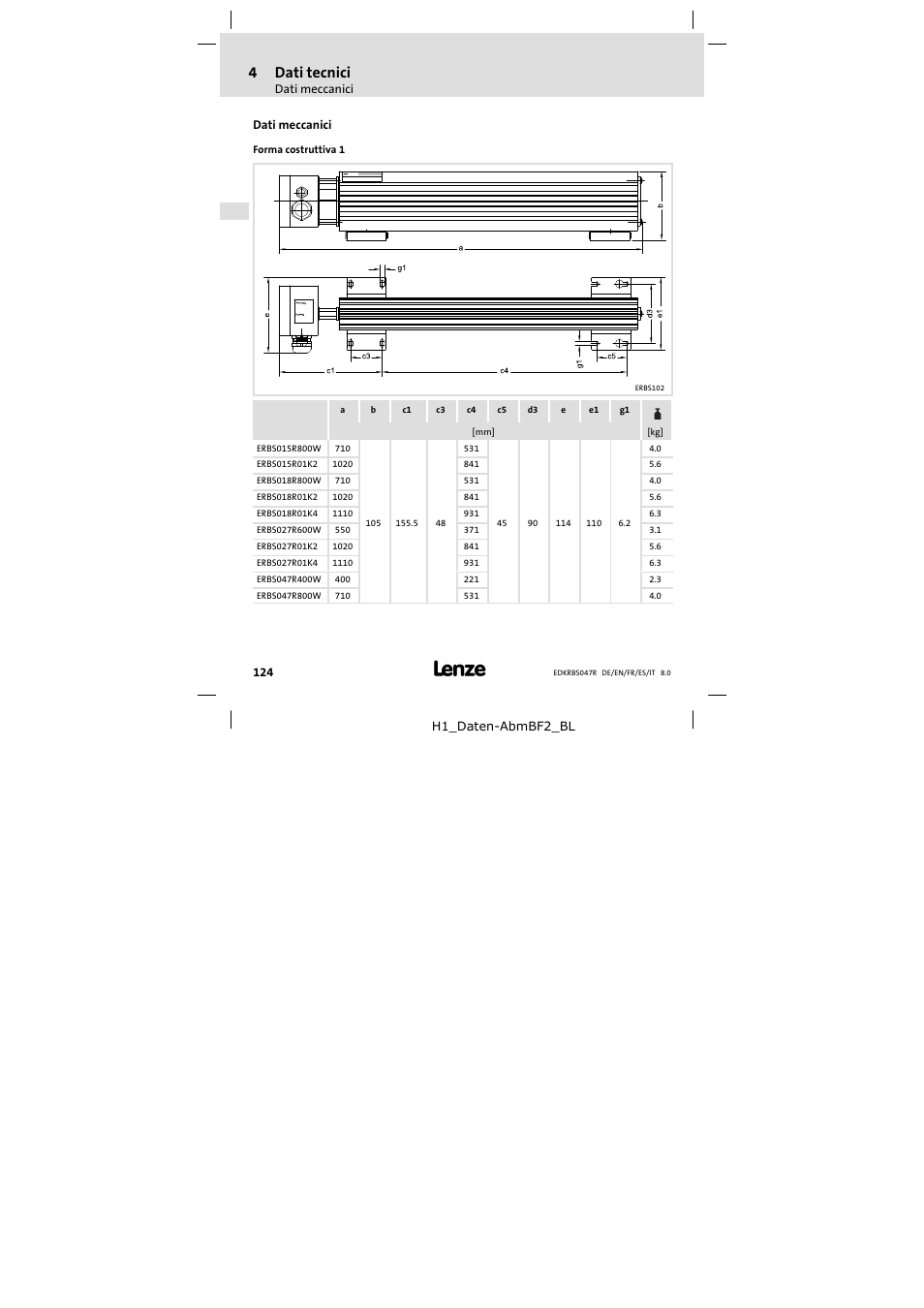 Dati meccanici, 4dati tecnici | Lenze ERBSxxxxxxxx User Manual | Page 124 / 132