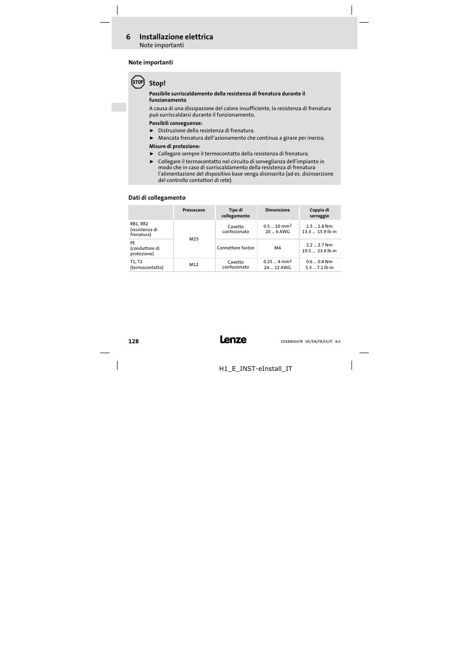 6 installazione elettrica, Note importanti, Dati di collegamento | Installazione elettrica, 6installazione elettrica | Lenze ERBSxxxxxxxx User Manual | Page 128 / 132