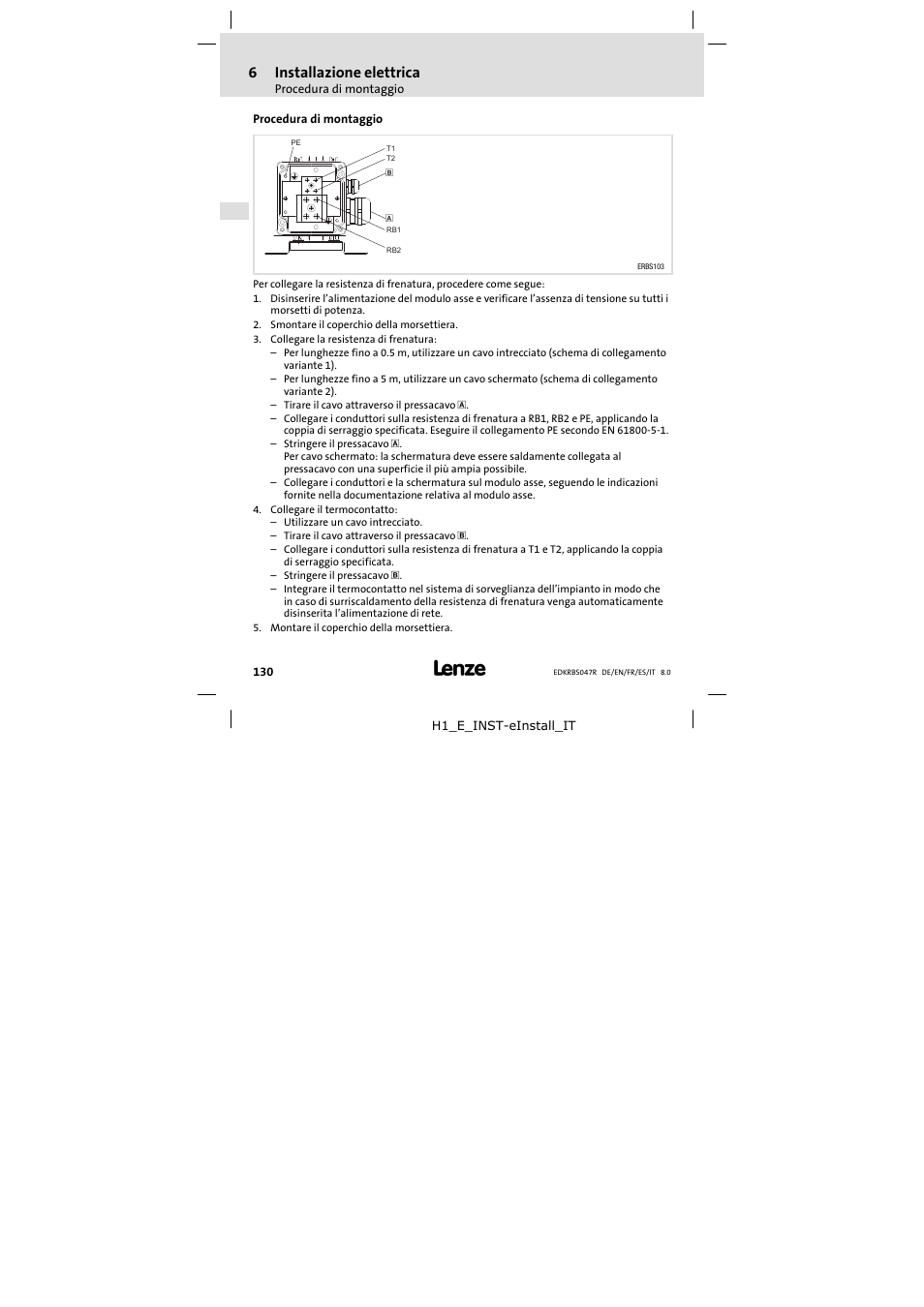 Procedura di montaggio, 6installazione elettrica | Lenze ERBSxxxxxxxx User Manual | Page 130 / 132
