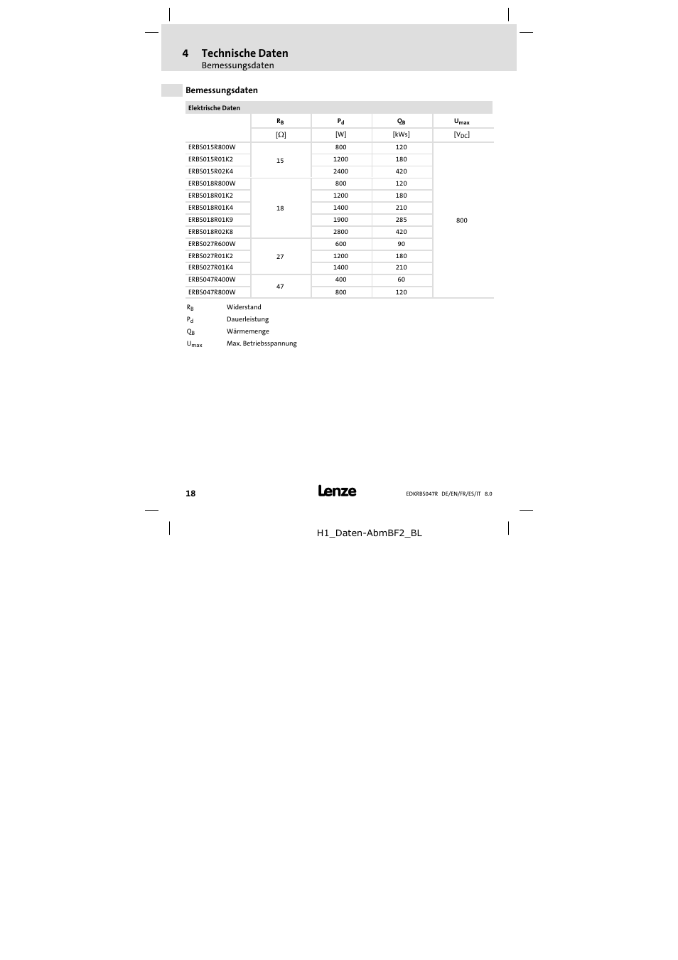 Bemessungsdaten, 4technische daten | Lenze ERBSxxxxxxxx User Manual | Page 18 / 132