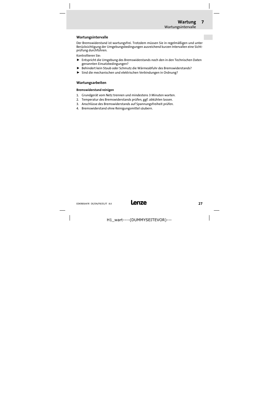 7 wartung, Wartungsintervalle, Wartungsarbeiten | Wartung, Wartungsarbeiten 27 | Lenze ERBSxxxxxxxx User Manual | Page 27 / 132