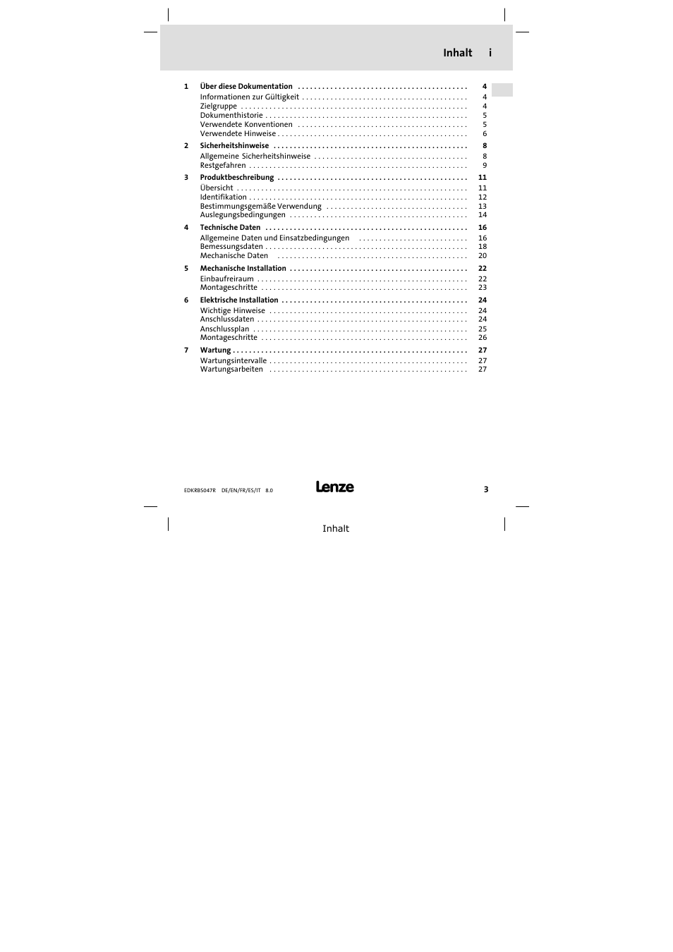 Inhalt i | Lenze ERBSxxxxxxxx User Manual | Page 3 / 132
