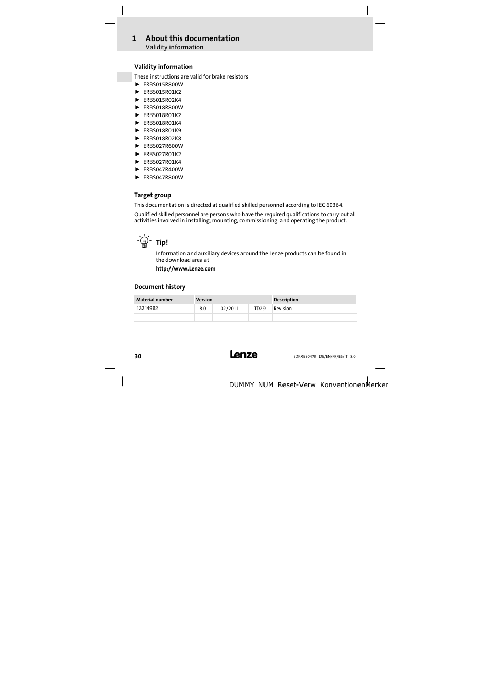 1 about this documentation, Validity information, Target group | Document history, About this documentation, 1about this documentation | Lenze ERBSxxxxxxxx User Manual | Page 30 / 132
