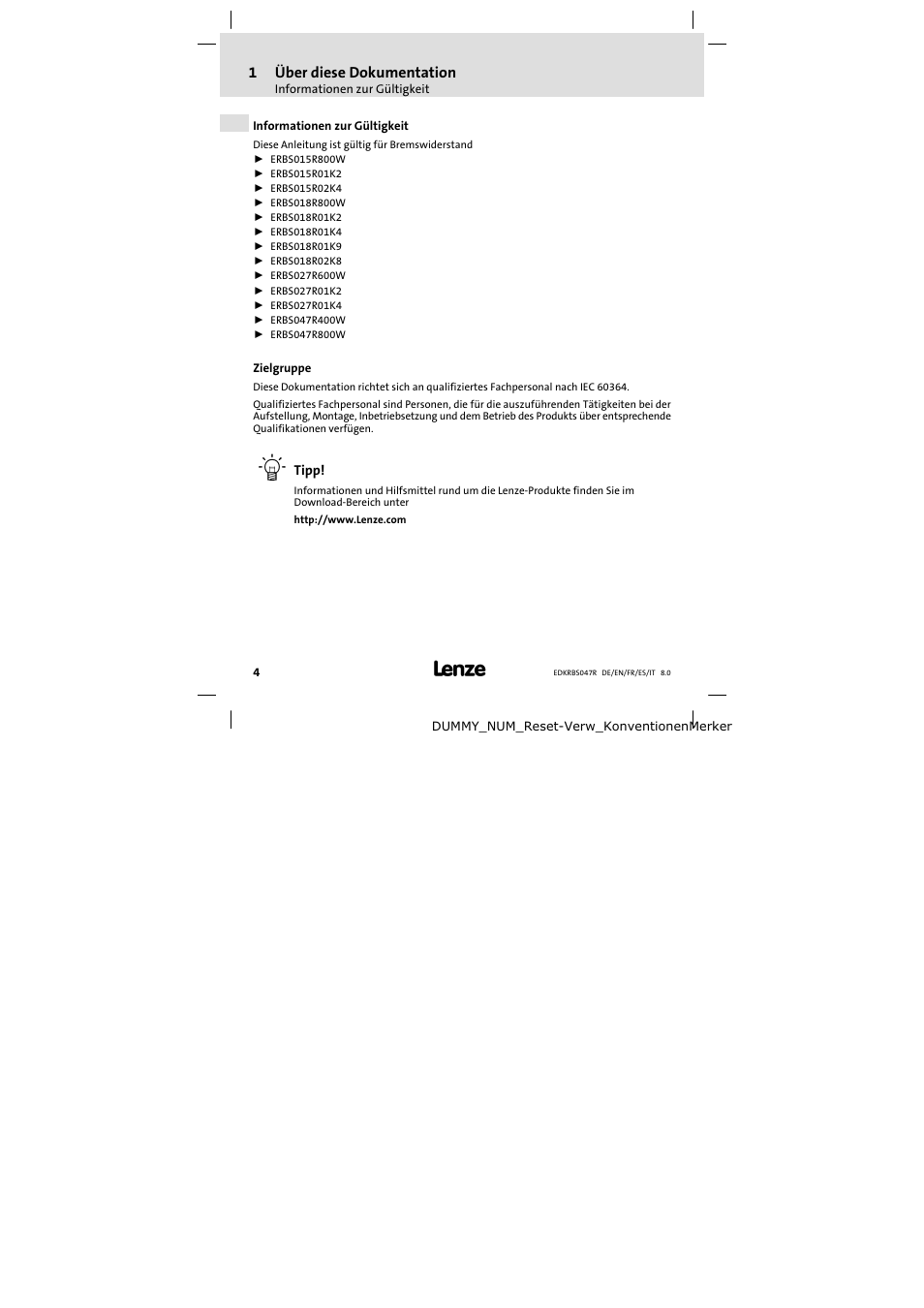 1 über diese dokumentation, Informationen zur gültigkeit, Zielgruppe | Über diese dokumentation, Zielgruppe 4 | Lenze ERBSxxxxxxxx User Manual | Page 4 / 132