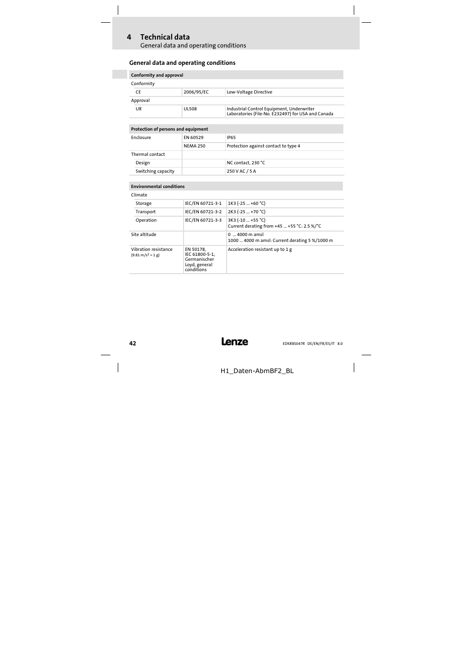 4 technical data, General data and operating conditions, Technical data | 4technical data | Lenze ERBSxxxxxxxx User Manual | Page 42 / 132