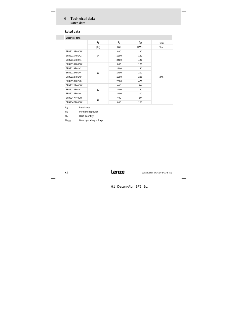 Rated data, 4technical data | Lenze ERBSxxxxxxxx User Manual | Page 44 / 132