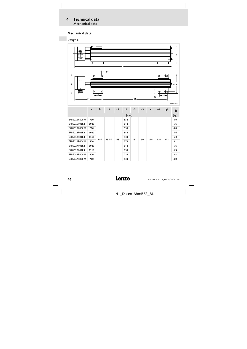 Mechanical data, 4technical data | Lenze ERBSxxxxxxxx User Manual | Page 46 / 132