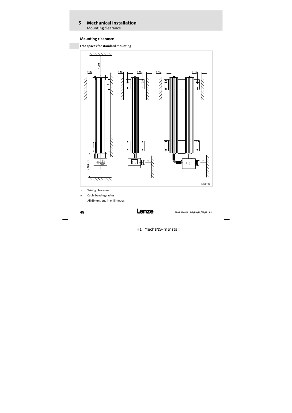 5 mechanical installation, Mounting clearance, Mechanical installation | 5mechanical installation | Lenze ERBSxxxxxxxx User Manual | Page 48 / 132