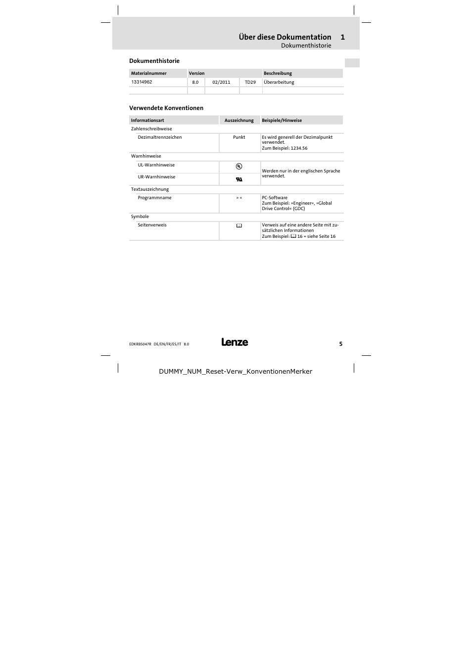 Dokumenthistorie, Verwendete konventionen, Über diese dokumentation | Lenze ERBSxxxxxxxx User Manual | Page 5 / 132