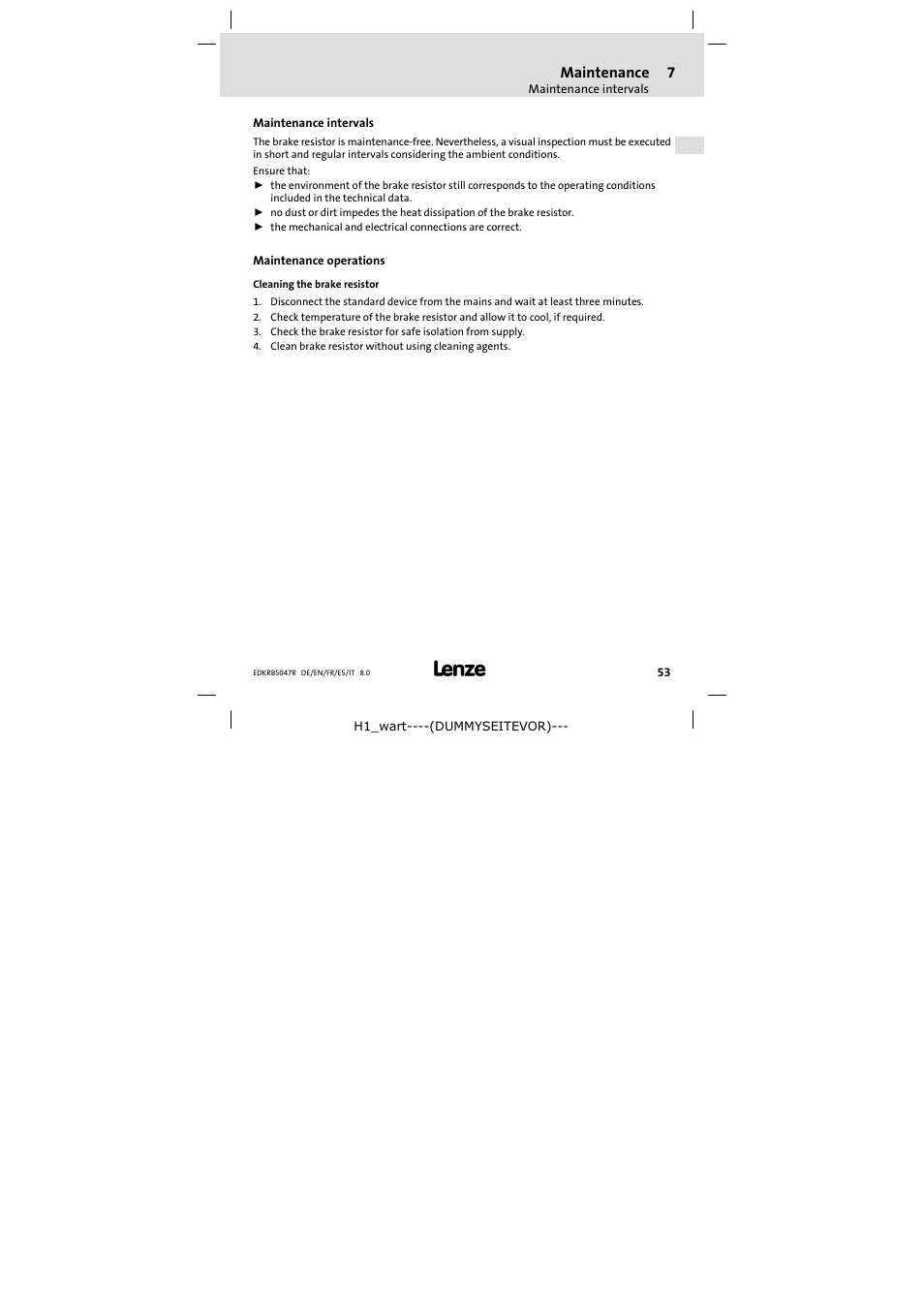 7 maintenance, Maintenance intervals, Maintenance operations | Maintenance | Lenze ERBSxxxxxxxx User Manual | Page 53 / 132