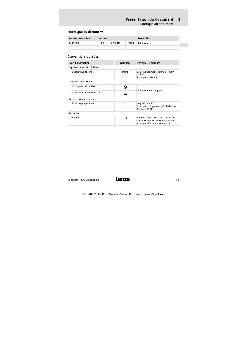 Historique du document, Conventions utilisées, Présentation du document | Lenze ERBSxxxxxxxx User Manual | Page 57 / 132