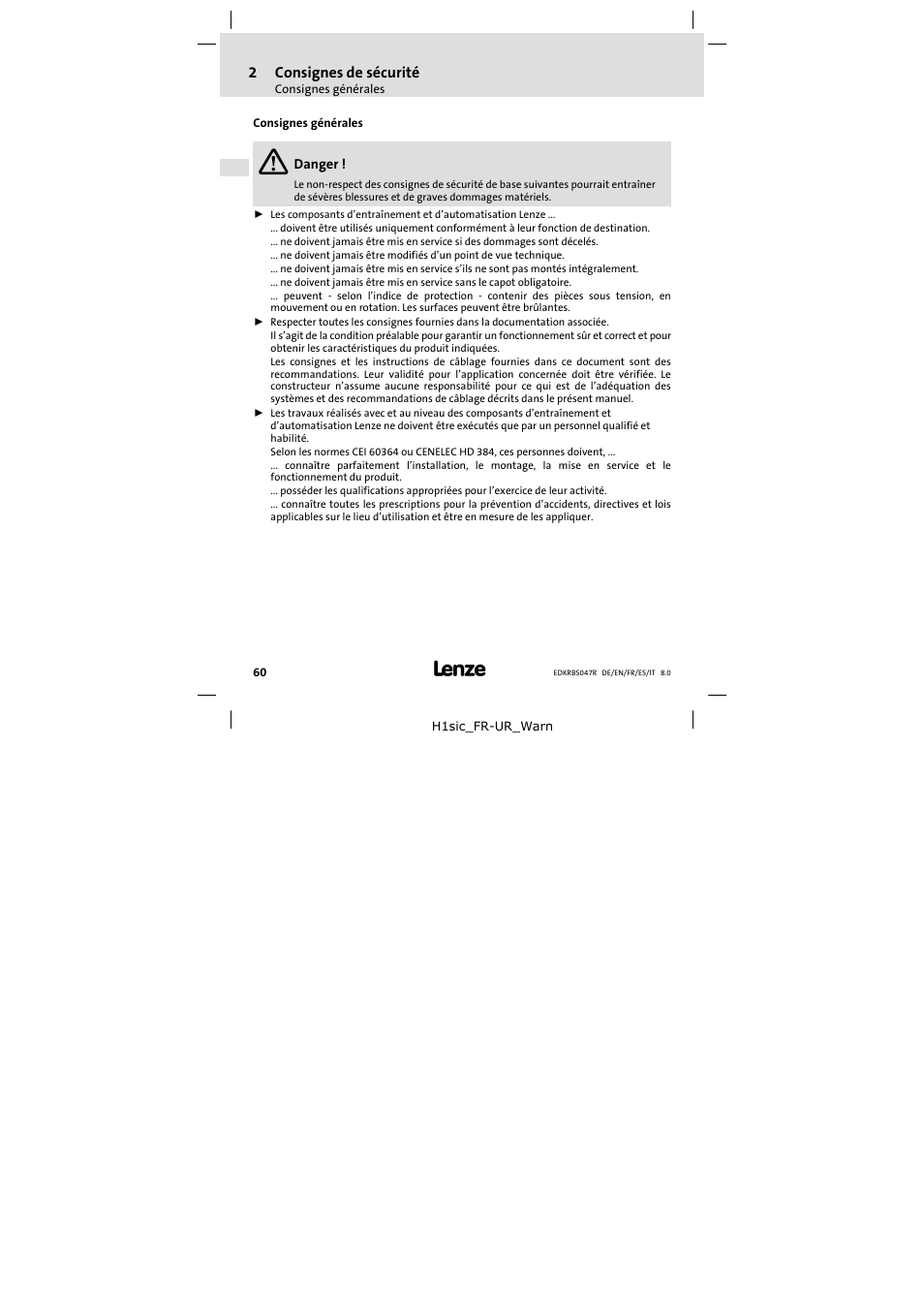 2 consignes de sécurité, Consignes générales, Consignes de sécurité | Lenze ERBSxxxxxxxx User Manual | Page 60 / 132