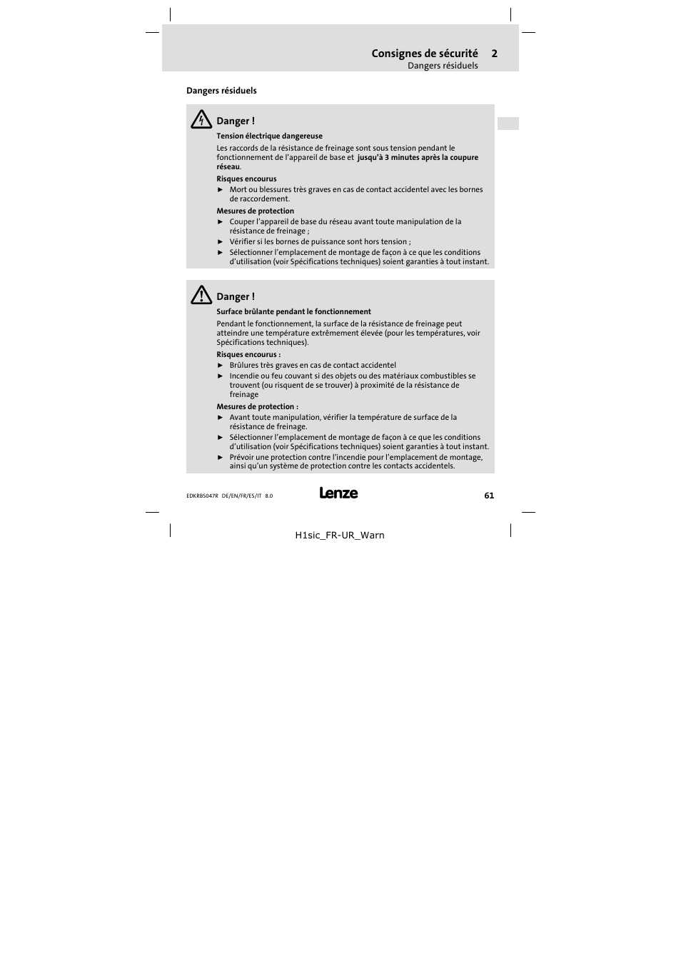 Dangers résiduels | Lenze ERBSxxxxxxxx User Manual | Page 61 / 132