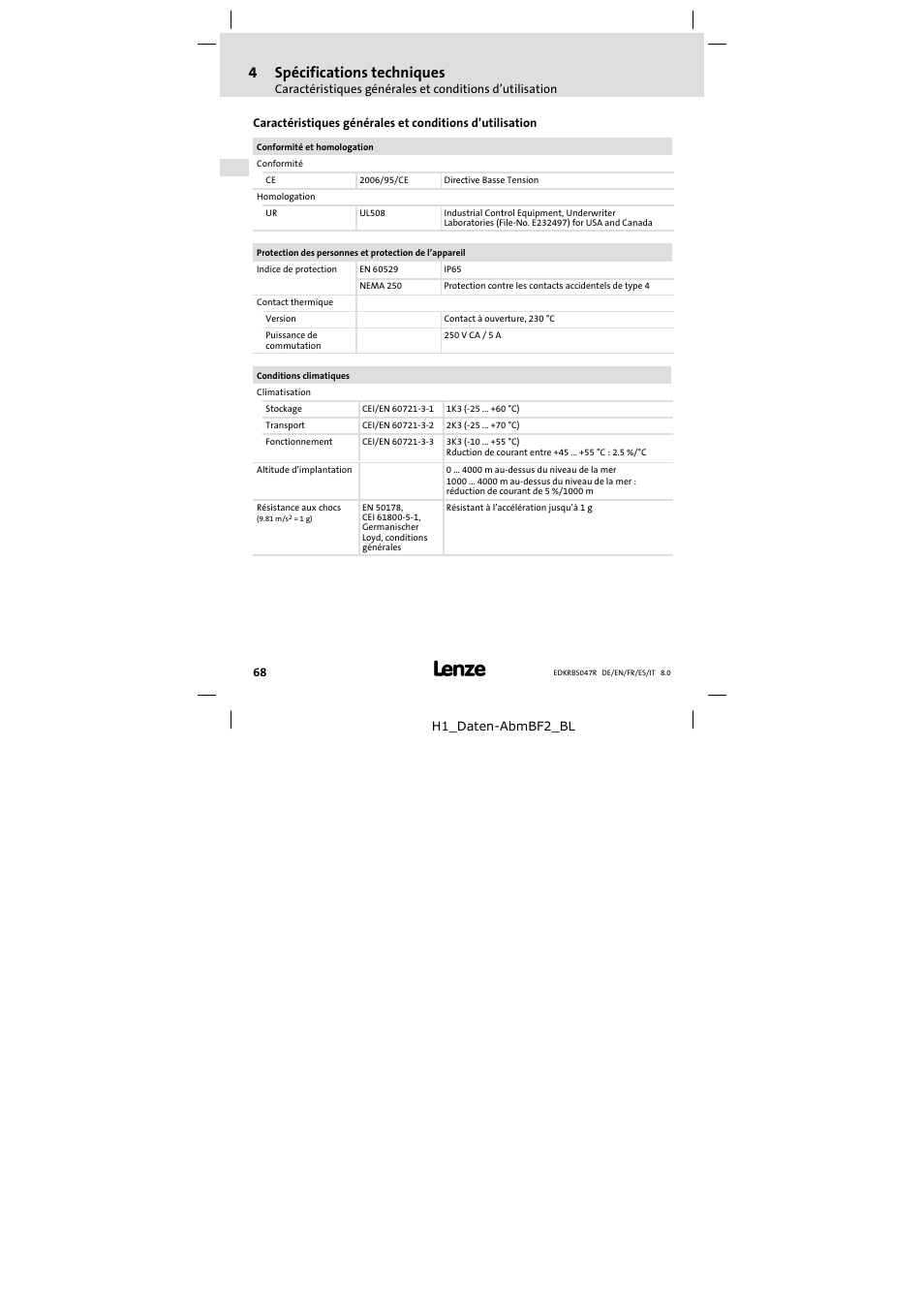 4 spécifications techniques, Spécifications techniques, 4spécifications techniques | Lenze ERBSxxxxxxxx User Manual | Page 68 / 132