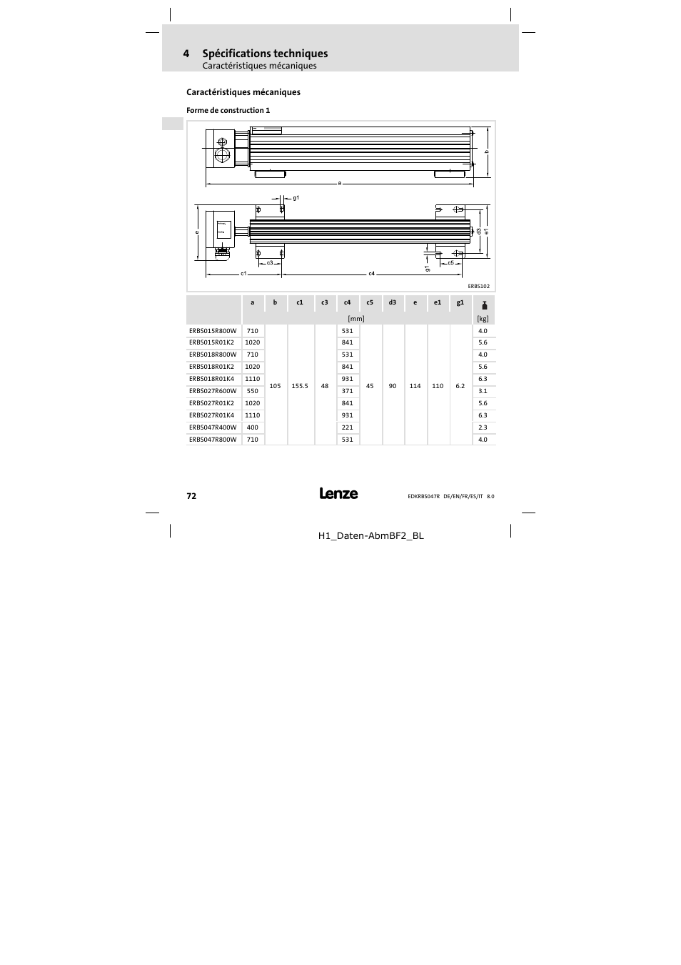 Caractéristiques mécaniques, 4spécifications techniques | Lenze ERBSxxxxxxxx User Manual | Page 72 / 132