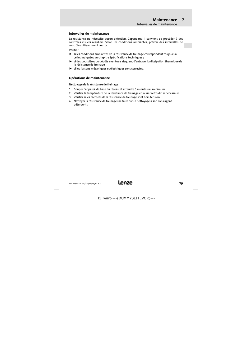 7 maintenance, Intervalles de maintenance, Opérations de maintenance | Maintenance | Lenze ERBSxxxxxxxx User Manual | Page 79 / 132