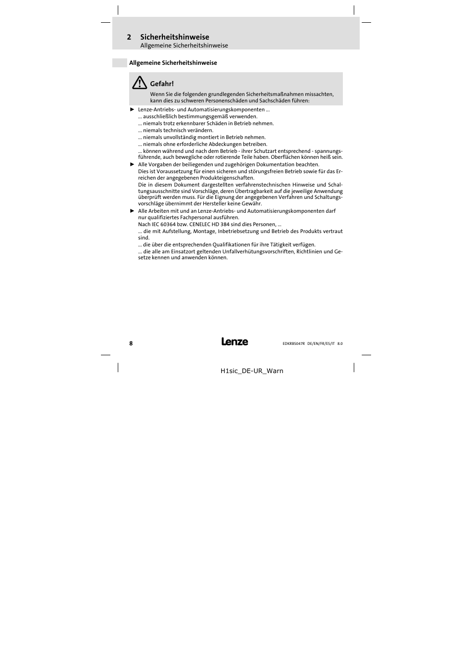 2 sicherheitshinweise, Allgemeine sicherheitshinweise, Sicherheitshinweise | Lenze ERBSxxxxxxxx User Manual | Page 8 / 132