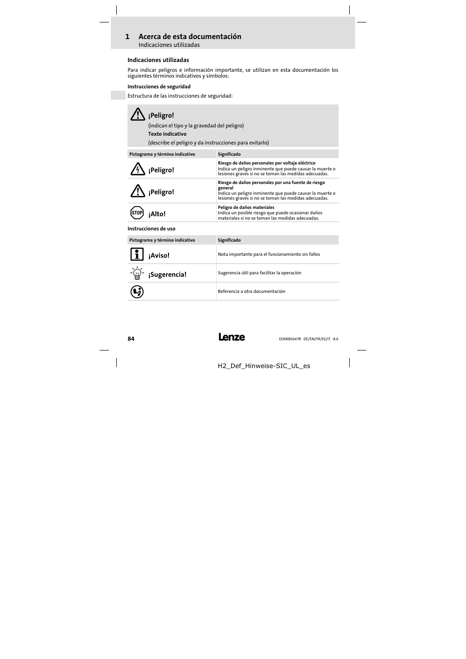 Indicaciones utilizadas | Lenze ERBSxxxxxxxx User Manual | Page 84 / 132