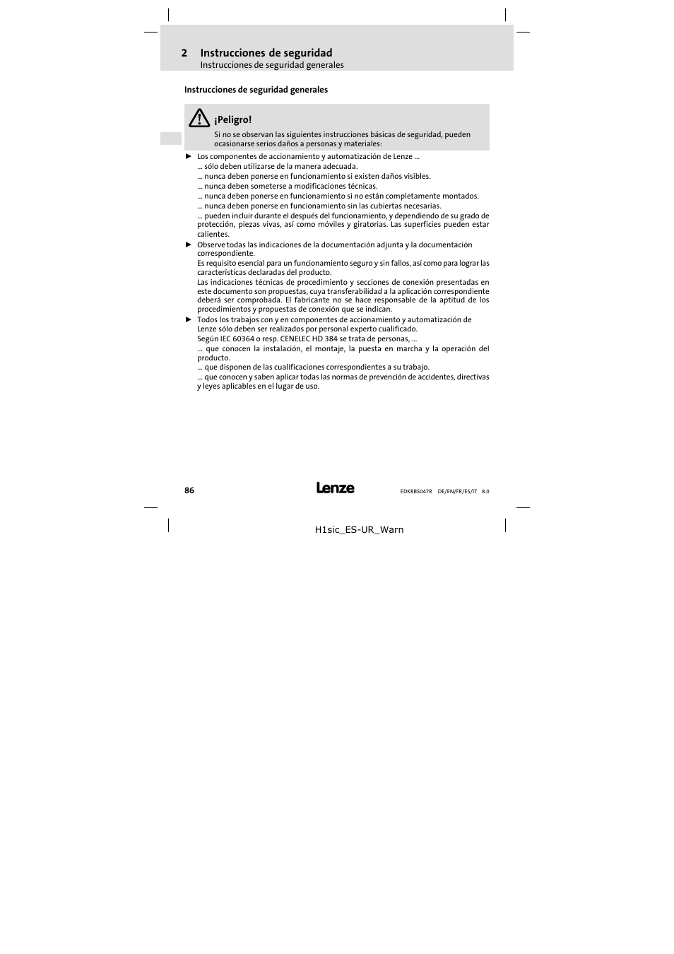 2 instrucciones de seguridad, Instrucciones de seguridad generales, Instrucciones de seguridad | Lenze ERBSxxxxxxxx User Manual | Page 86 / 132