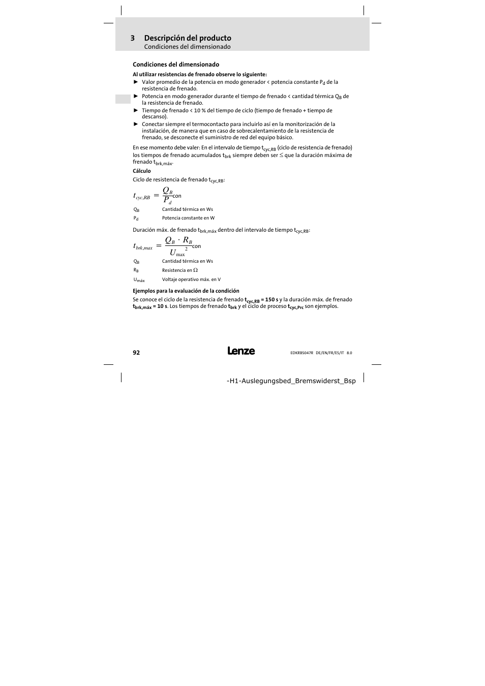 Condiciones del dimensionado, 3descripción del producto | Lenze ERBSxxxxxxxx User Manual | Page 92 / 132