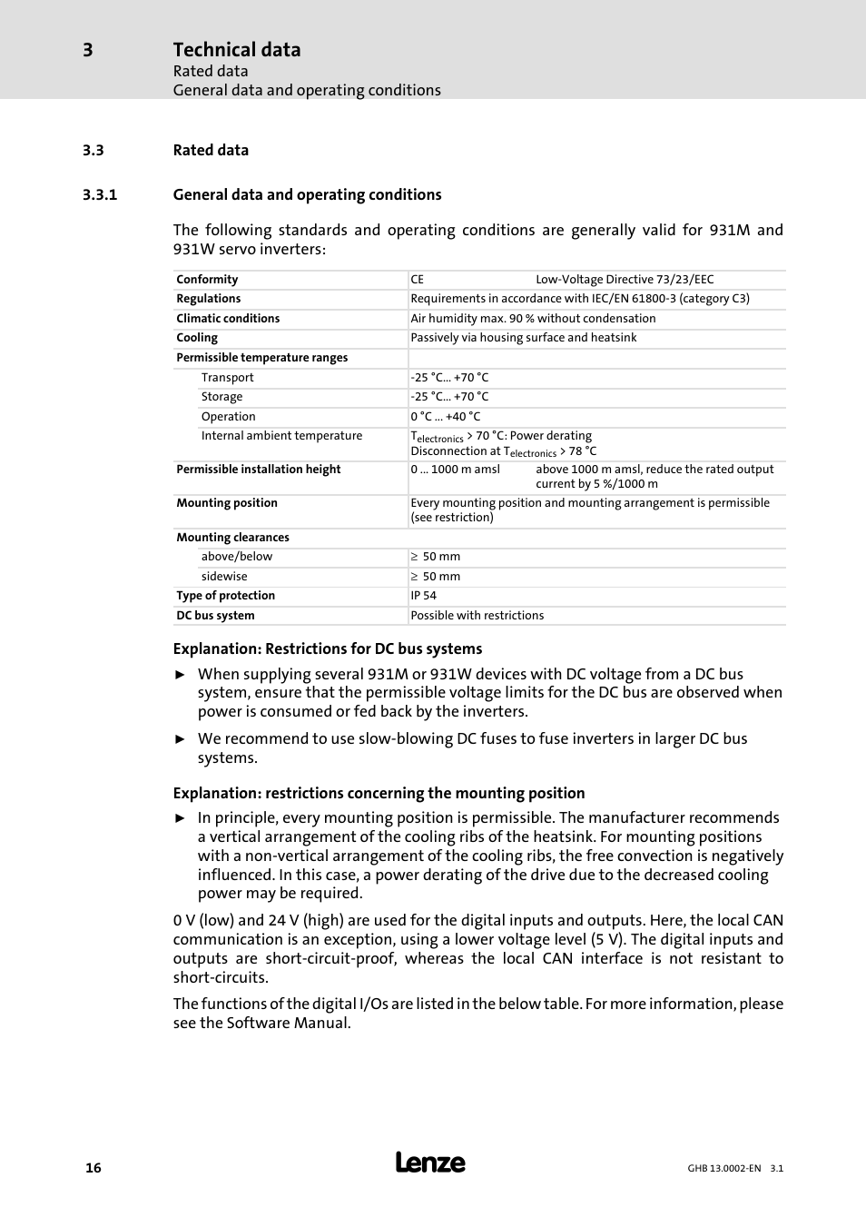 Technical data | Lenze 931W User Manual | Page 16 / 68