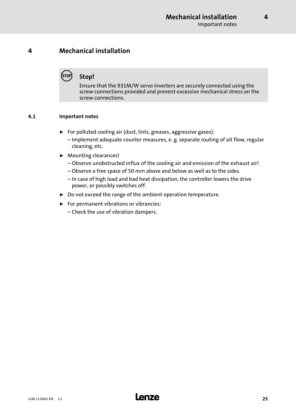 Mechanical installation, 4mechanical installation | Lenze 931W User Manual | Page 25 / 68