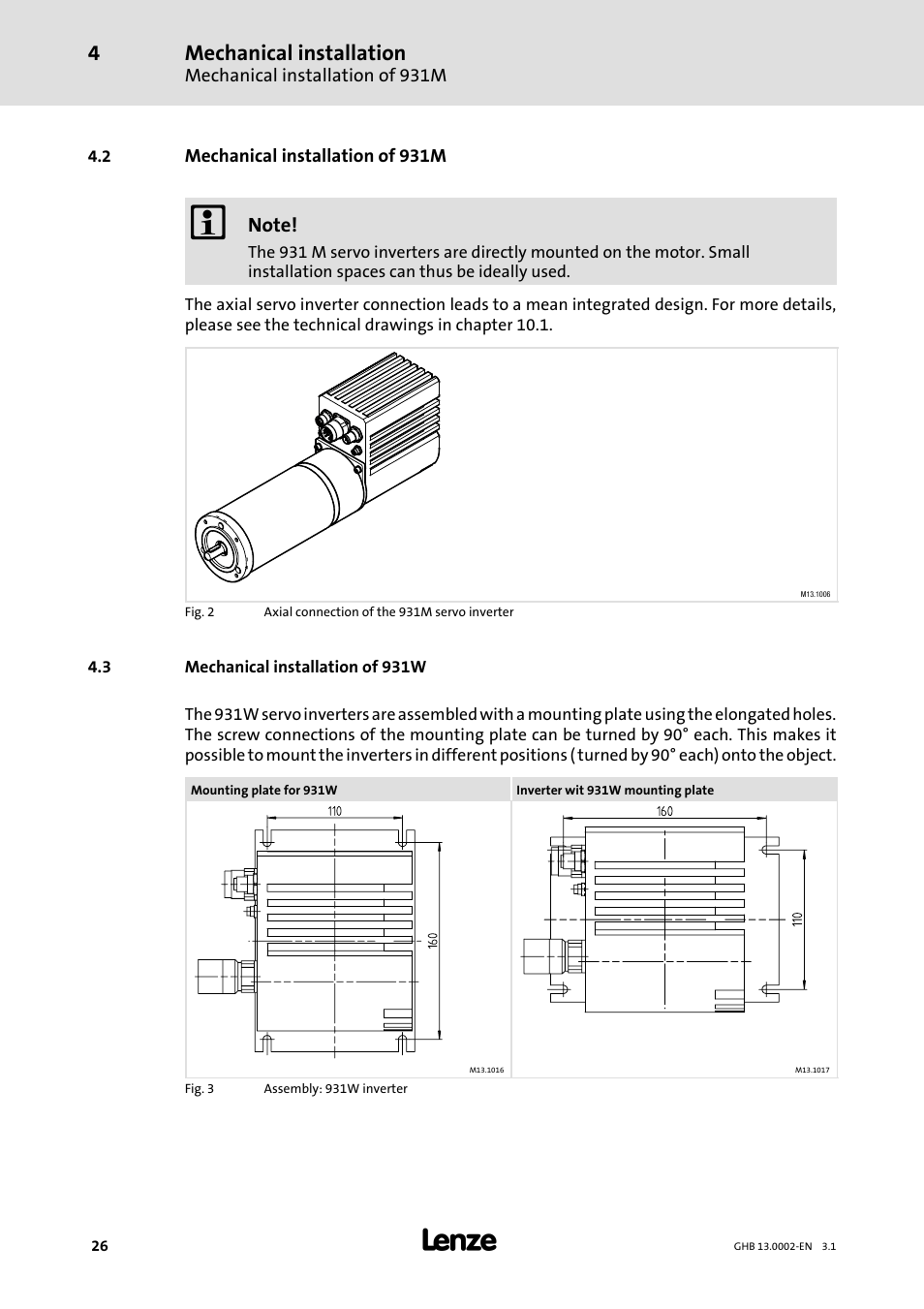 Mechanical installation | Lenze 931W User Manual | Page 26 / 68