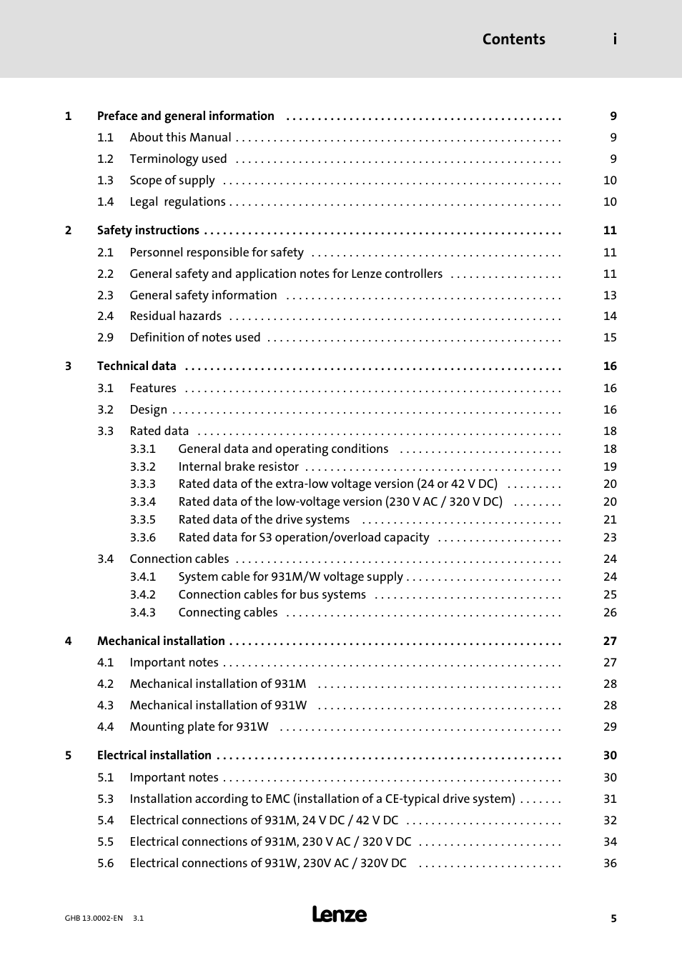 Contents i | Lenze 931W User Manual | Page 5 / 68