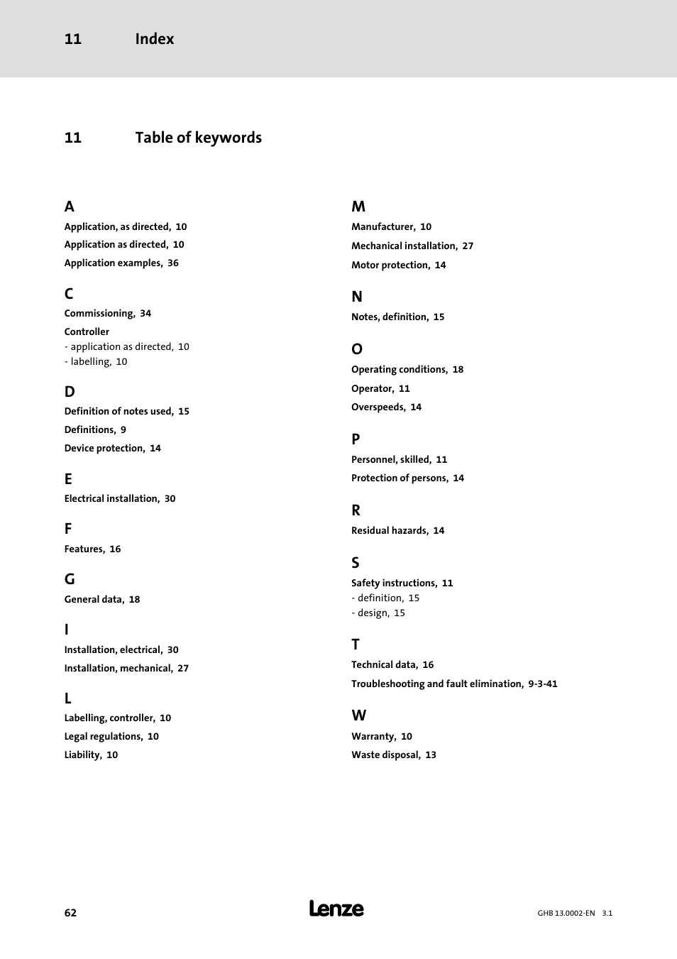 Index 11, 11 table of keywords a | Lenze 931W User Manual | Page 62 / 68
