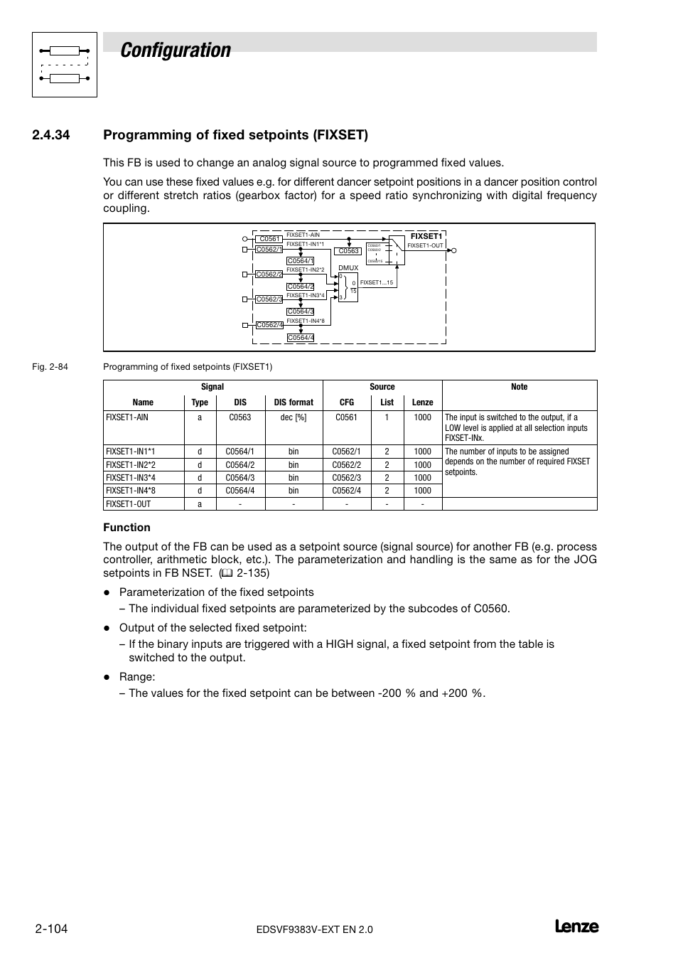 Programming of fixed setpoints (fixset), Configuration, 34 programming of fixed setpoints (fixset) | Lenze EVF9383 User Manual | Page 112 / 232