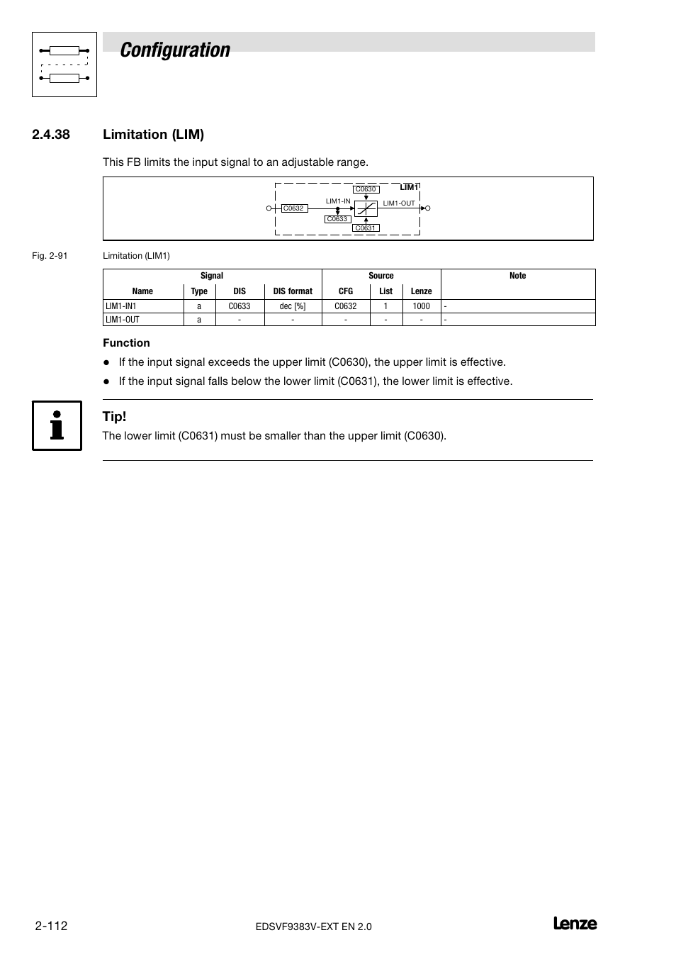 Limitation (lim), Configuration, 38 limitation (lim) | Lenze EVF9383 User Manual | Page 120 / 232