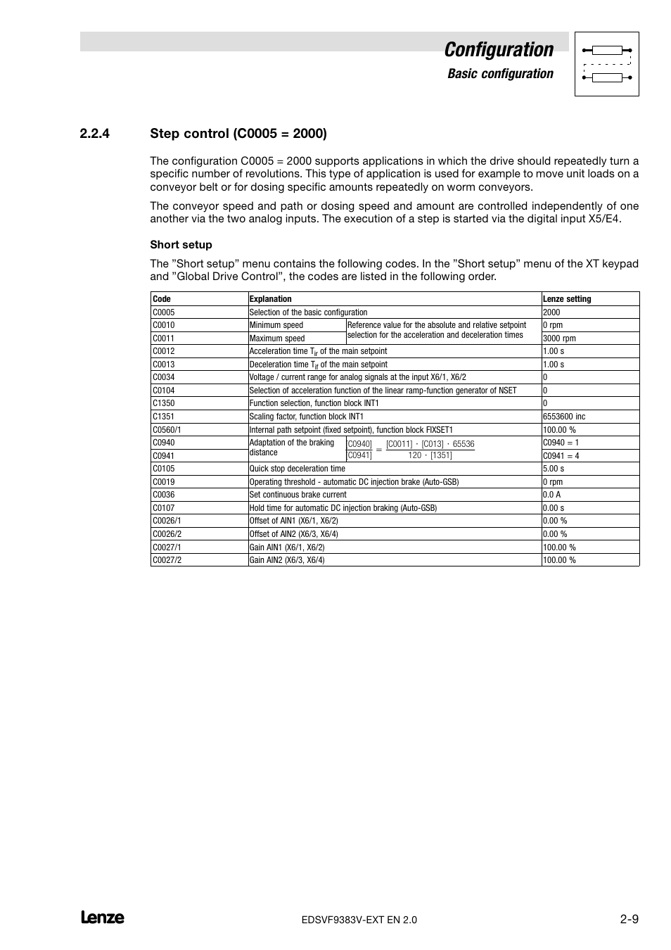 Step control (c0005 = 2000), Configuration, Basic configuration | Lenze EVF9383 User Manual | Page 17 / 232