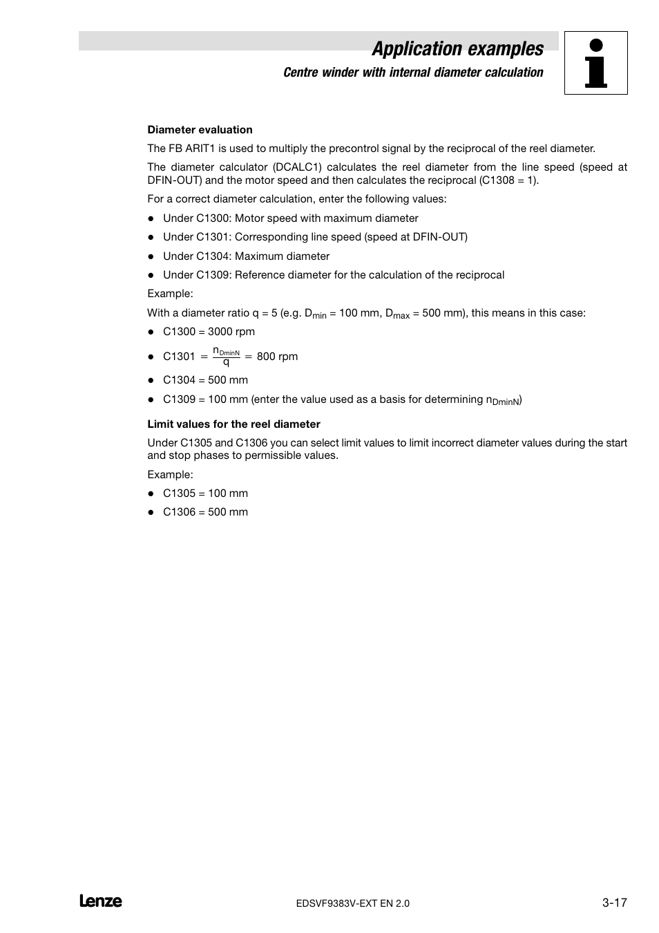 Application examples, Centre winder with internal diameter calculation | Lenze EVF9383 User Manual | Page 187 / 232