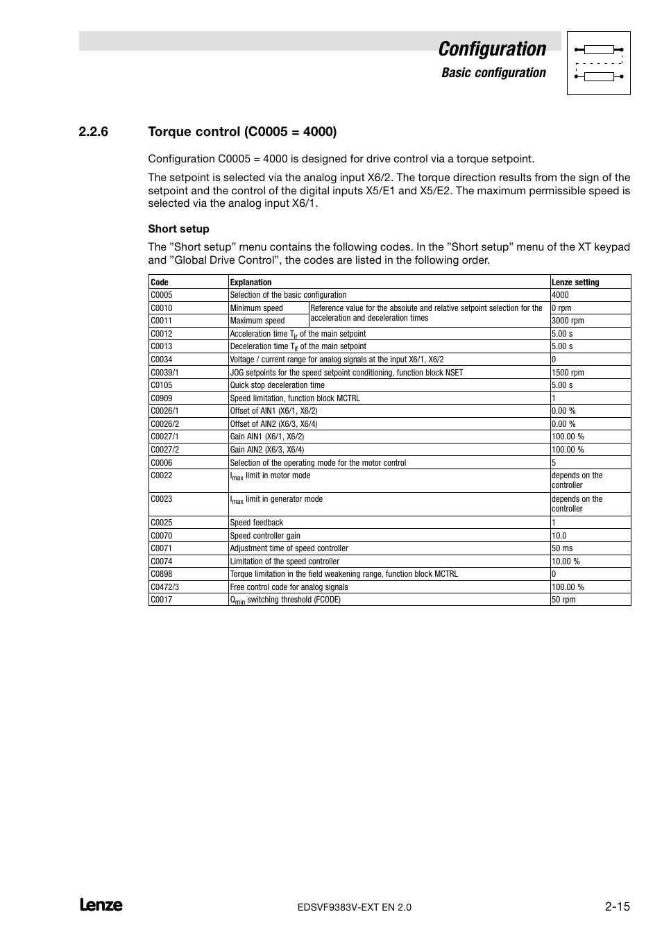Torque control (c0005 = 4000), Configuration, Basic configuration | Lenze EVF9383 User Manual | Page 23 / 232
