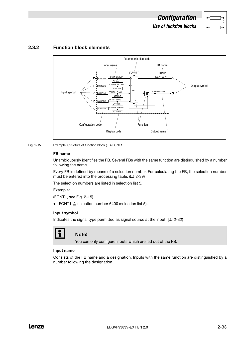 Function block elements, Configuration, Use of funktion blocks | 2 function block elements | Lenze EVF9383 User Manual | Page 41 / 232