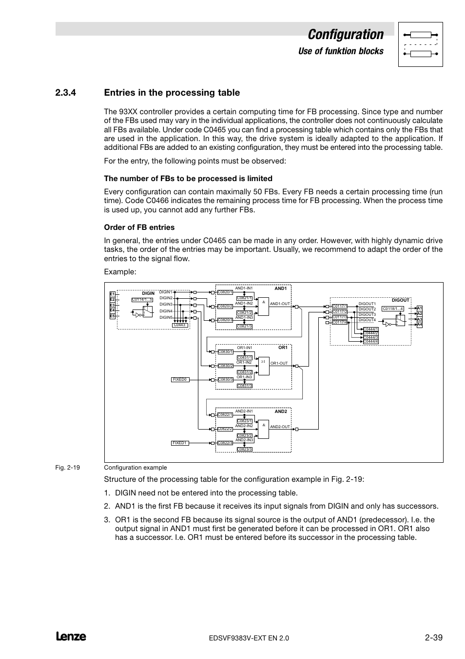 Entries in the processing table, Configuration, Use of funktion blocks | 4 entries in the processing table | Lenze EVF9383 User Manual | Page 47 / 232