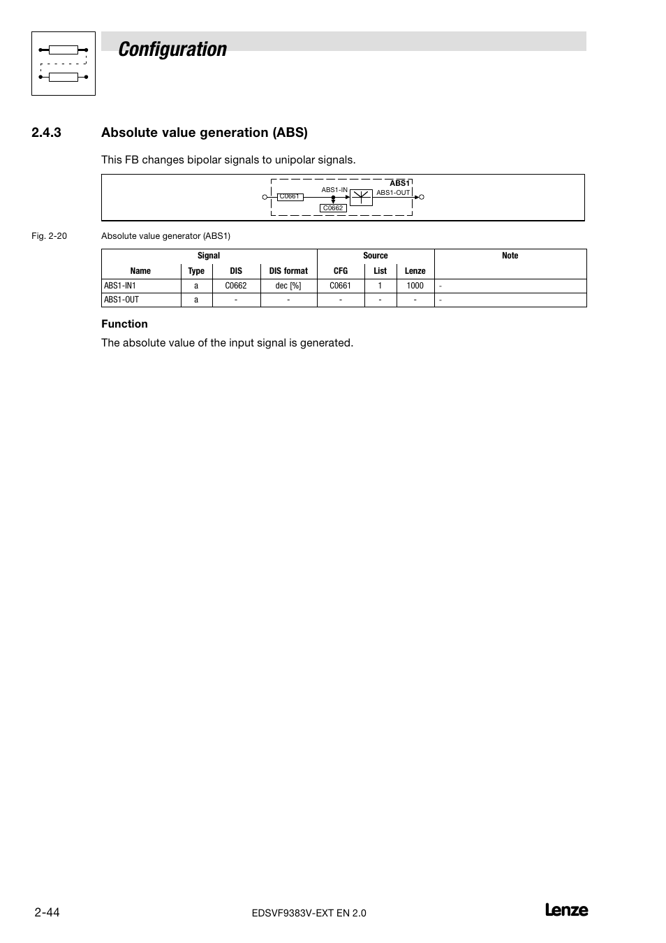 Absolute value generation (abs), Configuration, 3 absolute value generation (abs) | Lenze EVF9383 User Manual | Page 52 / 232