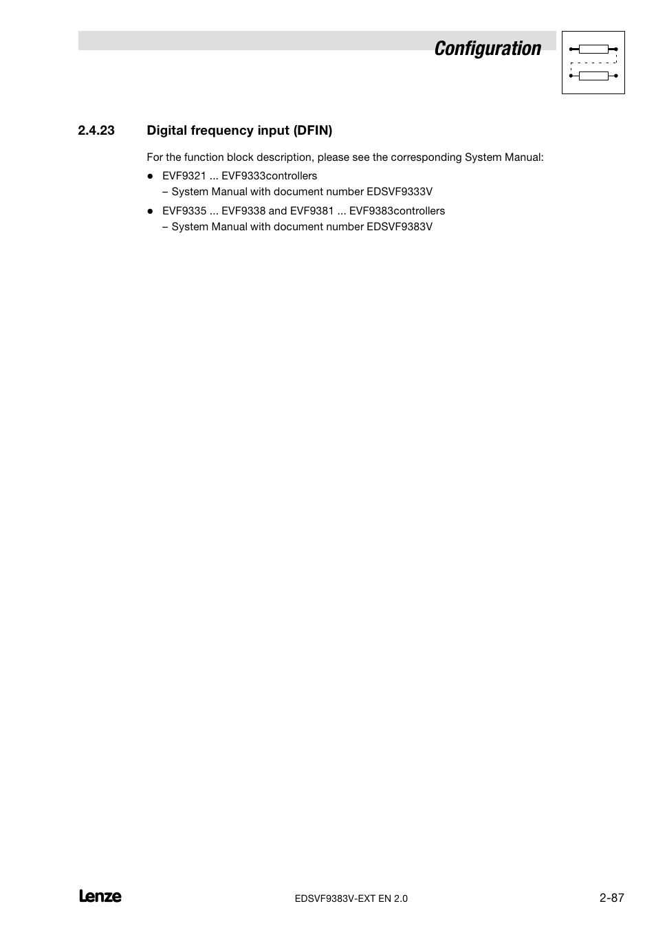 Digital frequency input (dfin), Configuration | Lenze EVF9383 User Manual | Page 95 / 232