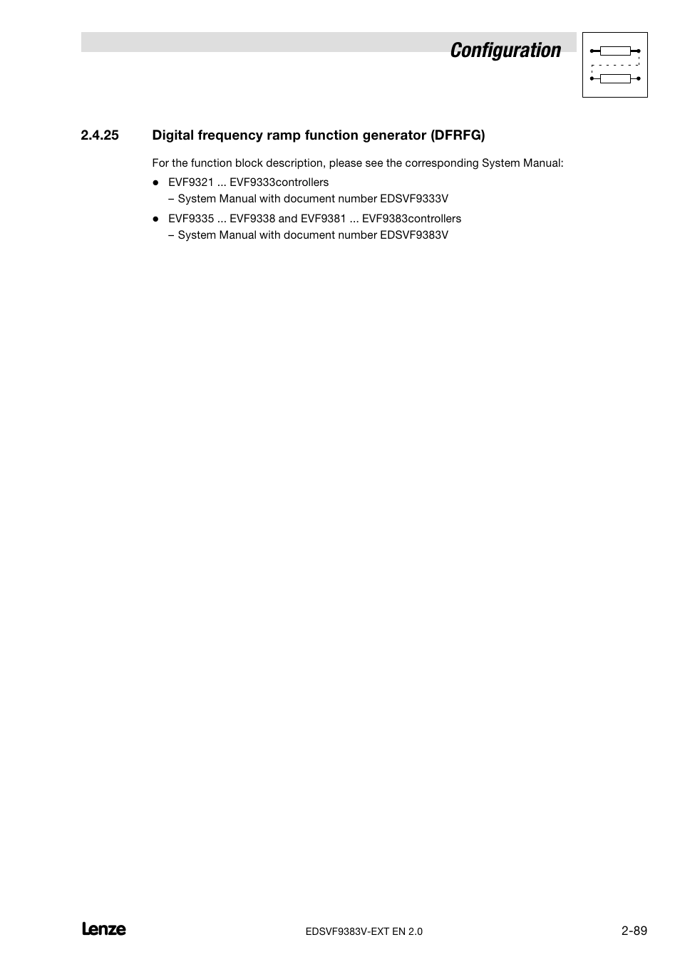 Digital frequency ramp function generator (dfrfg), Configuration | Lenze EVF9383 User Manual | Page 97 / 232