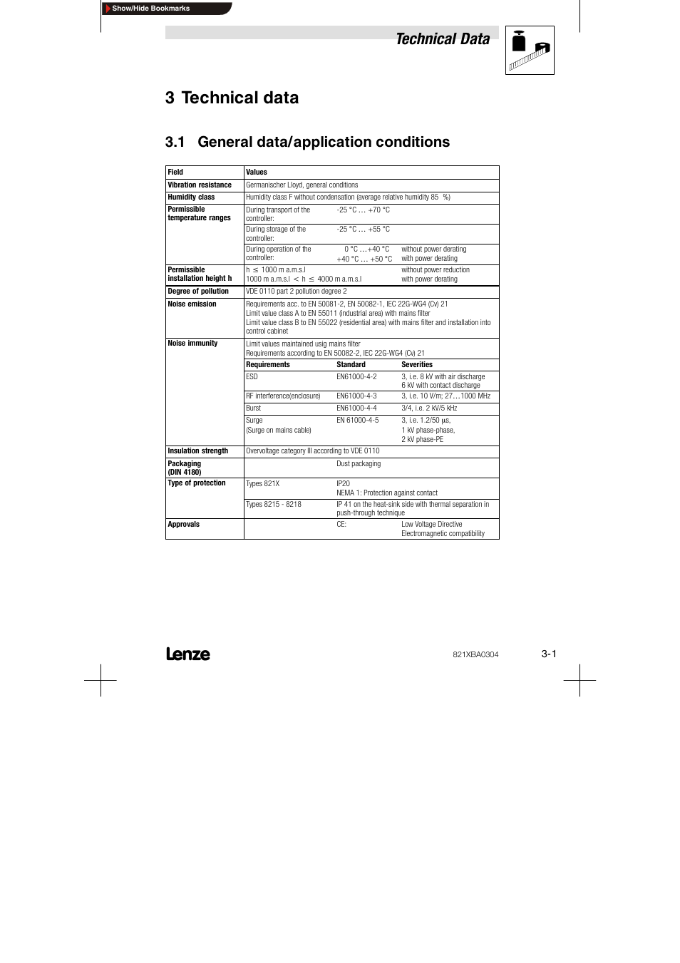 3 technical data, 1 general data/application conditions, Technical data | Lenze 8210 series User Manual | Page 11 / 70