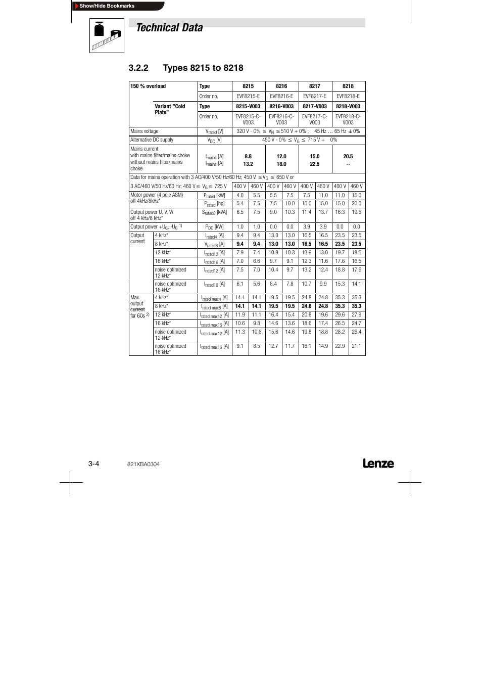 2 types 8215 to 8218, Technical data | Lenze 8210 series User Manual | Page 14 / 70