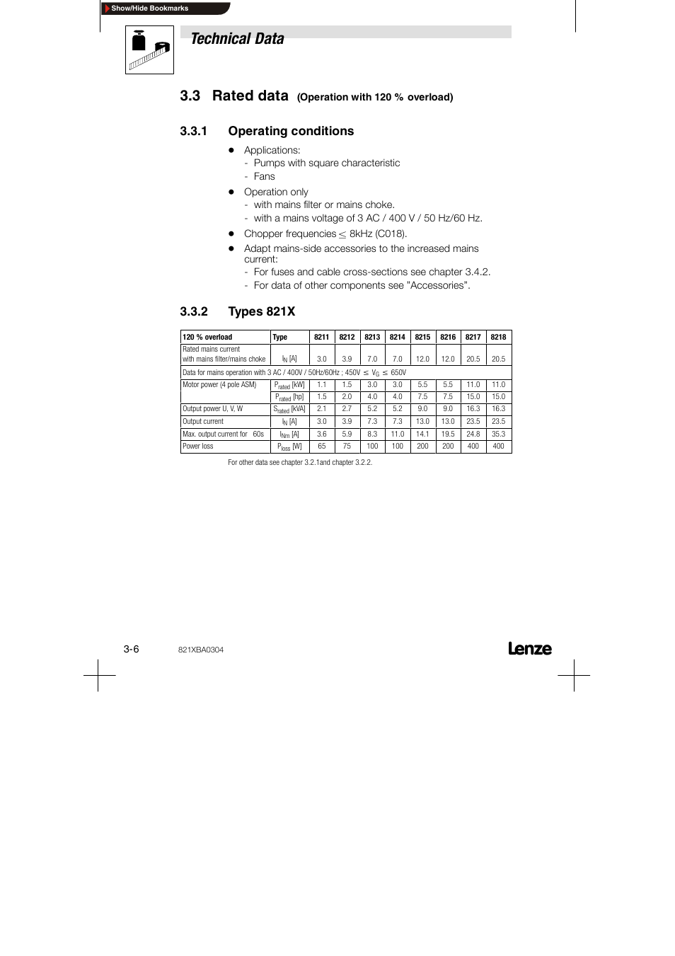 3 rated data (operation with 120 % overload), 1 operating conditions, 2 types 821x | Technical data, 3 rated data | Lenze 8210 series User Manual | Page 16 / 70