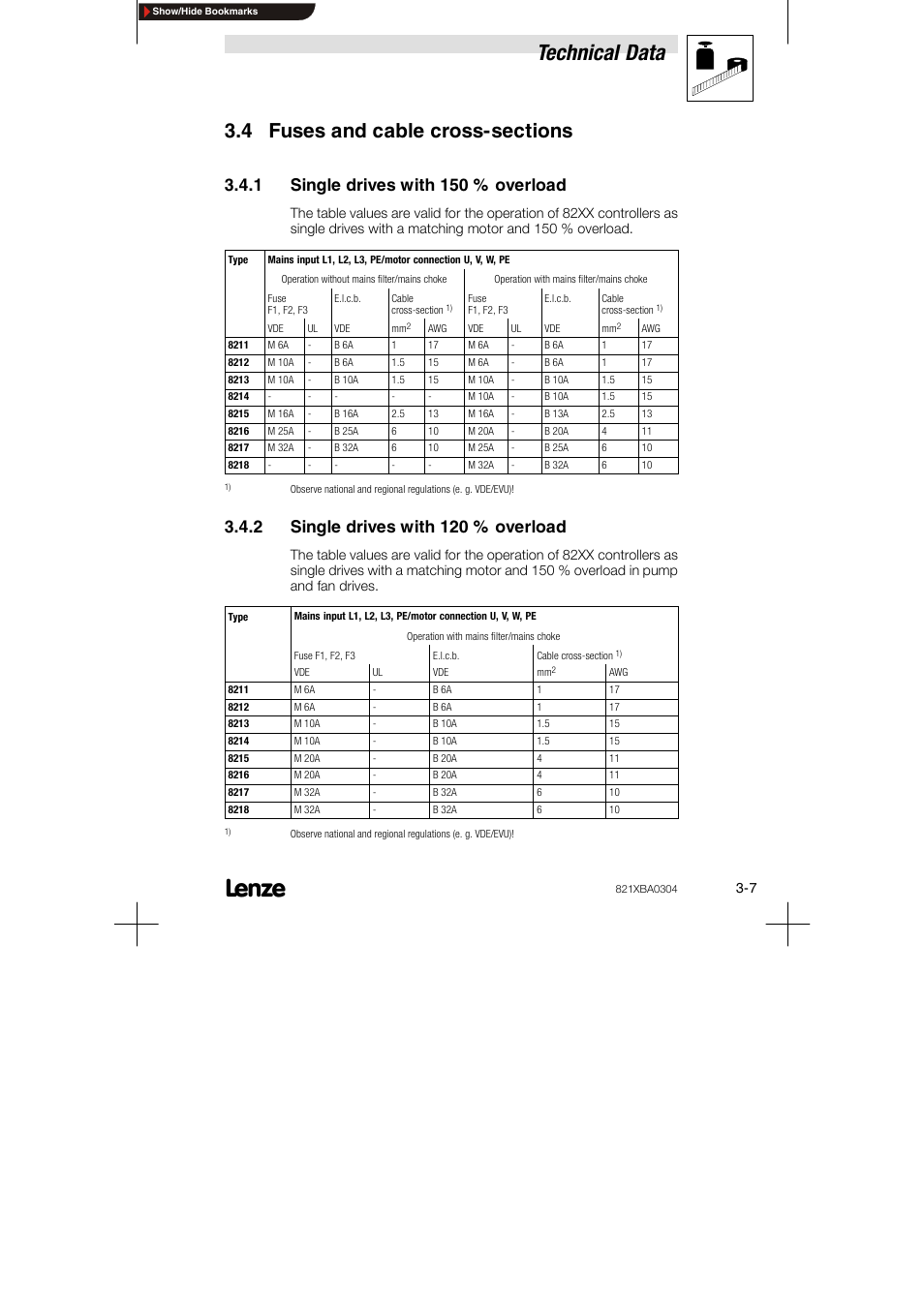 4 fuses and cable cross-sections, 1 single drives with 150 % overload, 2 single drives with 120 % overload | Technical data | Lenze 8210 series User Manual | Page 17 / 70