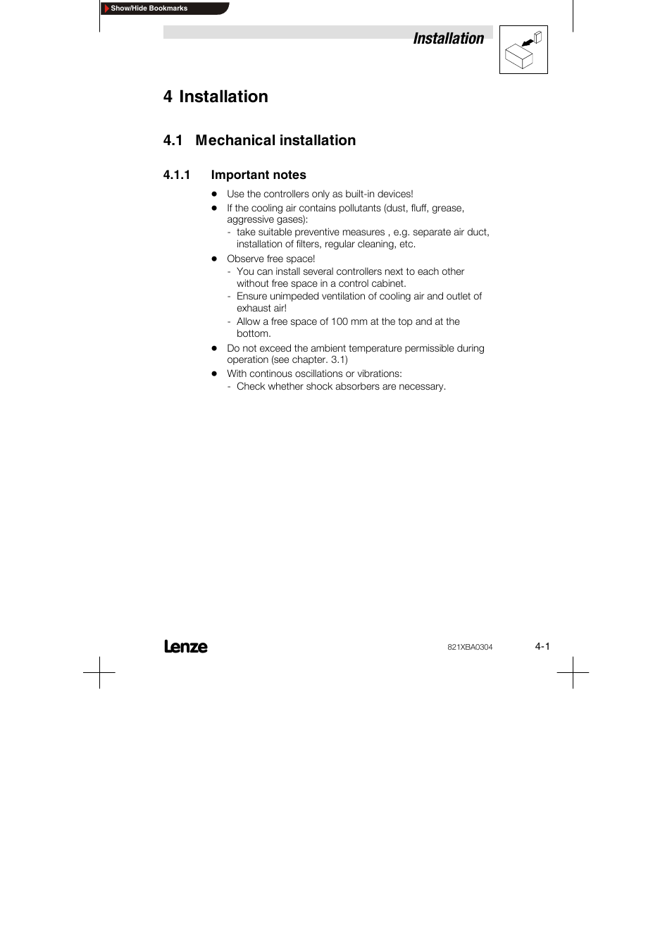 4 installation, 1 mechanical installation, 1 important notes | Installation | Lenze 8210 series User Manual | Page 19 / 70