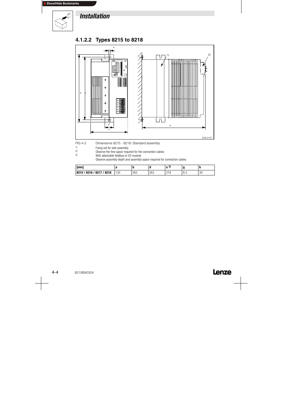 2 types 8215 to 8218, Installation, Uonu_^mpmq | Cfd qjo aáãéåëáçåë uonr j uonuw pн~ез~кз ~ллйгдду, Fixing rail for side assembly | Lenze 8210 series User Manual | Page 22 / 70
