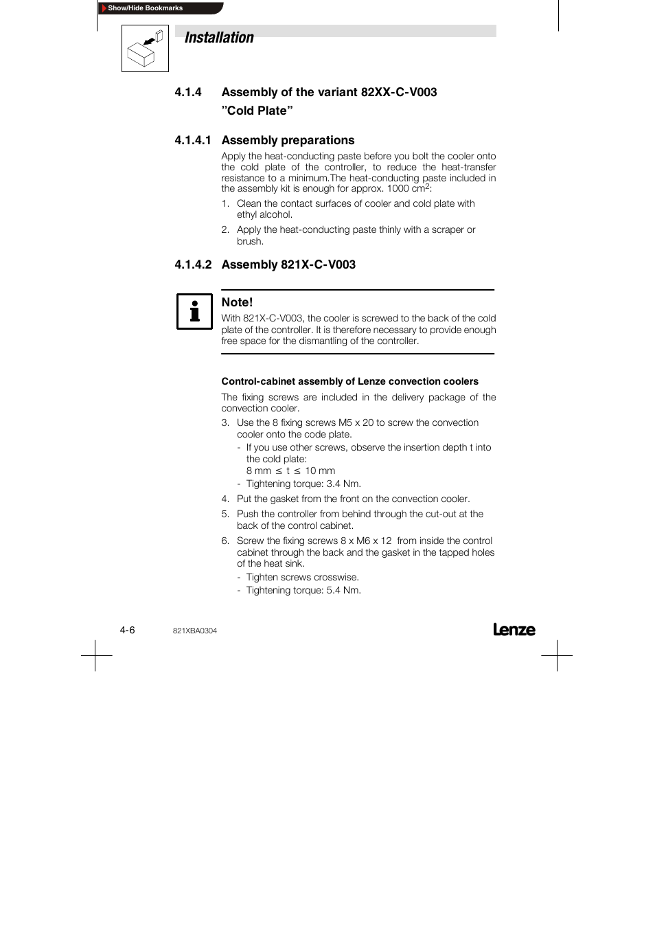 4 assembly of the variant 82xx-c-v003 ﬂcold plateﬂ, 1 assembly preparations, 2 assembly 821x-c-v003 | 4 assembly of the variant 82xx-c-v003 ”cold plate, Installation | Lenze 8210 series User Manual | Page 24 / 70
