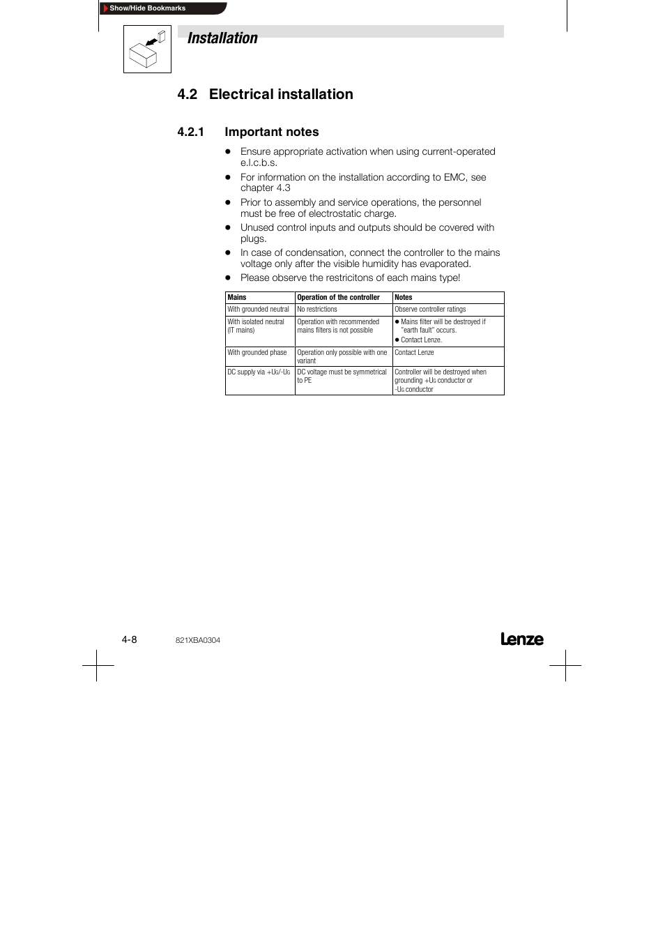 2 electrical installation, 1 important notes, Installation | Lenze 8210 series User Manual | Page 26 / 70