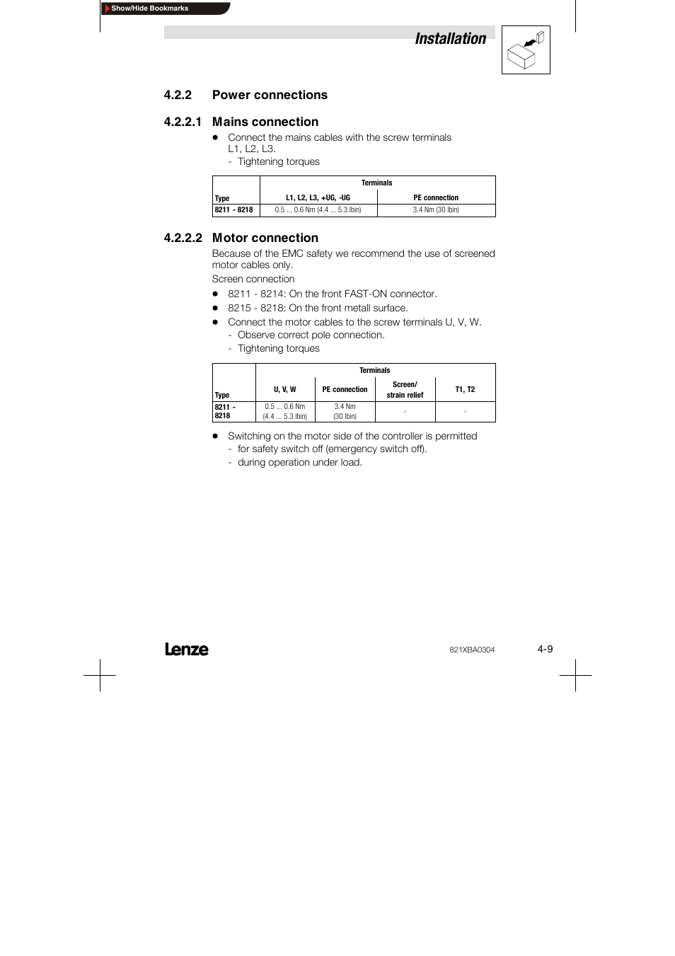 2 power connections, 1 mains connection, 2 motor connection | Installation | Lenze 8210 series User Manual | Page 27 / 70