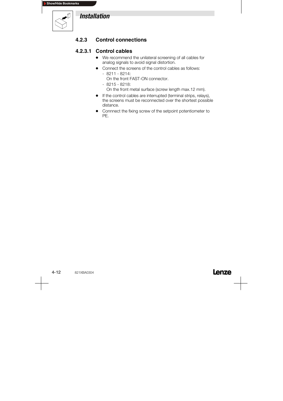 3 control connections, 1 control cables, Installation | Lenze 8210 series User Manual | Page 30 / 70